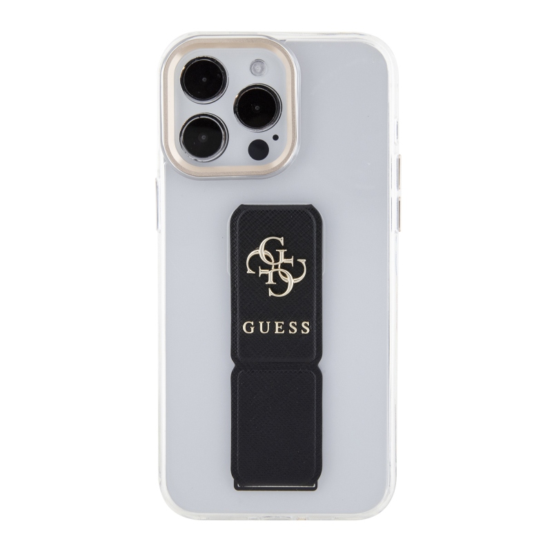 Guess PU Grip Stand 4G Metal Logo Zadný Kryt pre iPhone 15 Pro Black