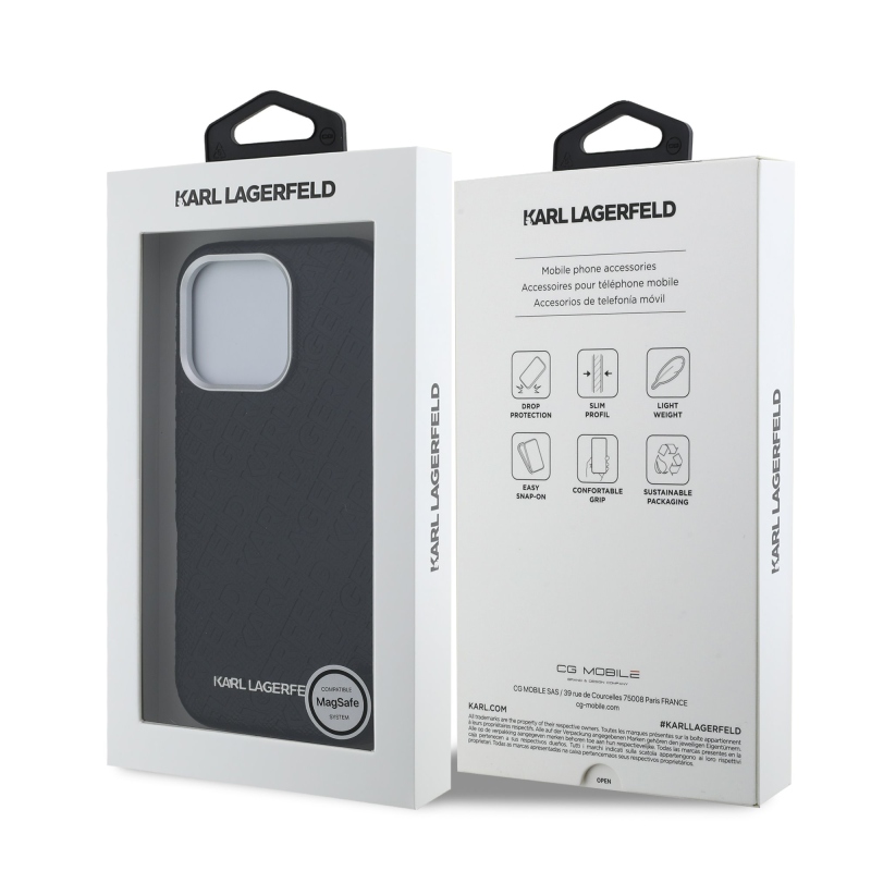 Karl Lagerfeld Grained PU Repeated Logo MagSafe Zadný Kryt pre iPhone 16 Pro Black