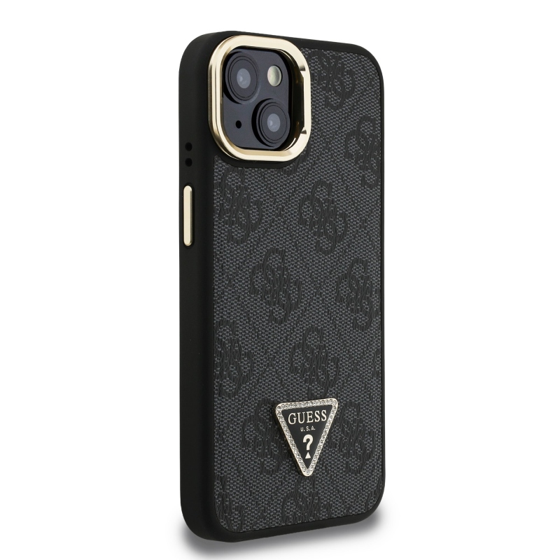 Guess PU 4G Strass Triangle Logo Stand Camera Frame MagSafe Zadný Kryt pre iPhone 15 Black