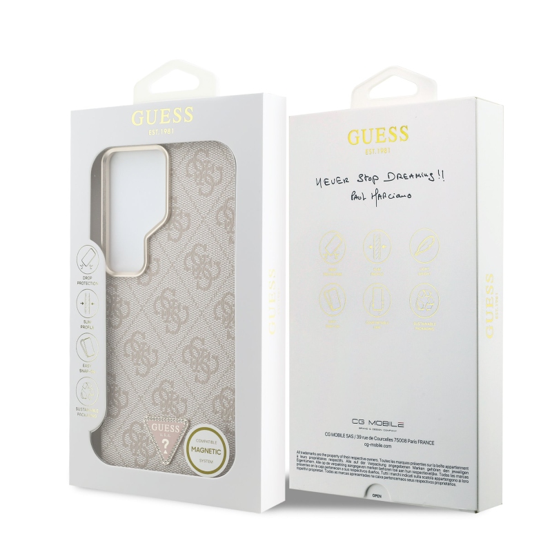 Guess PU kožený 4G Strass Triangle Triangle Logo Gold Frame Magnetický zadný kryt pre Samsung Galaxy S26 Ultra Pink