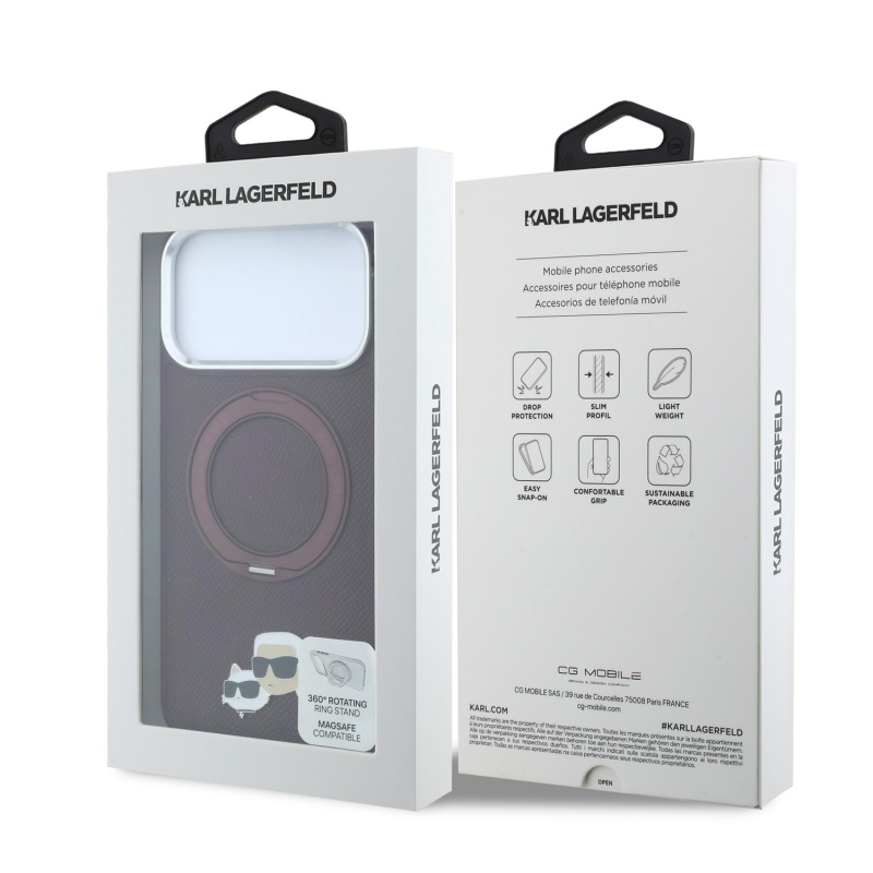 Karl Lagerfeld PU Grained K&CH Heads Ring Stand Magsafe zadný kryt pre iPhone 18 Pro, farba Burgundy