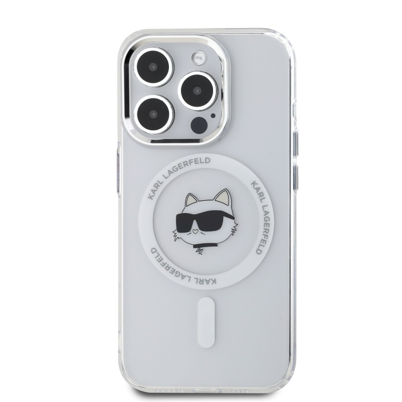 Karl Lagerfeld IML Chúpette Head Metal Frame MagSafe Zadný Kryt pre iPhone 15 Pro Transparent