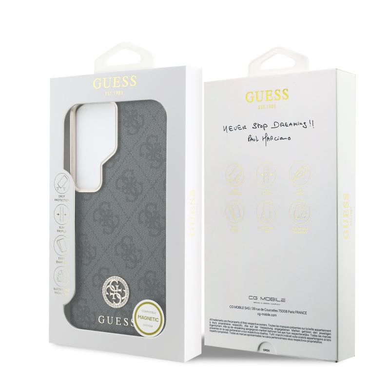 Guess PU kožený 4G štrasové logo Gold Frame magnetický zadný kryt pre Samsung Galaxy S26 Ultra Black