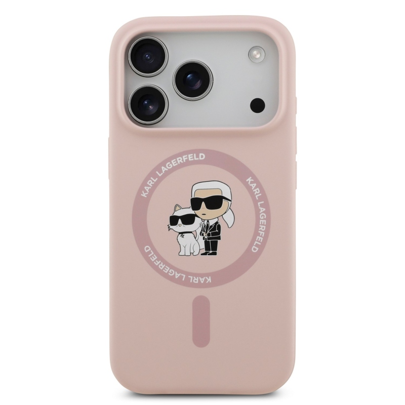 Karl Lagerfeld – zadný kryt z tekutého silikónu s motívom Karla a Choupette s MagSafe pre iPhone 18 Pro, ružový