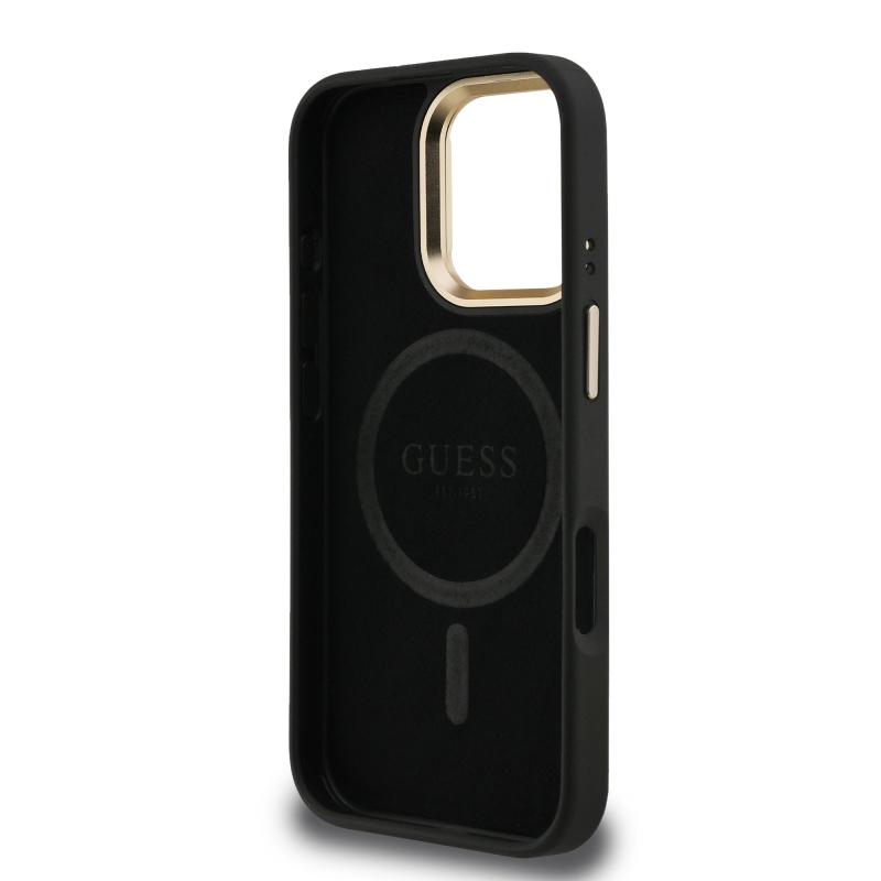Guess PU 4G Strass Triangle Logo Stand Camera Frame MagSafe Zadný Kryt pre iPhone 16 Pro Black