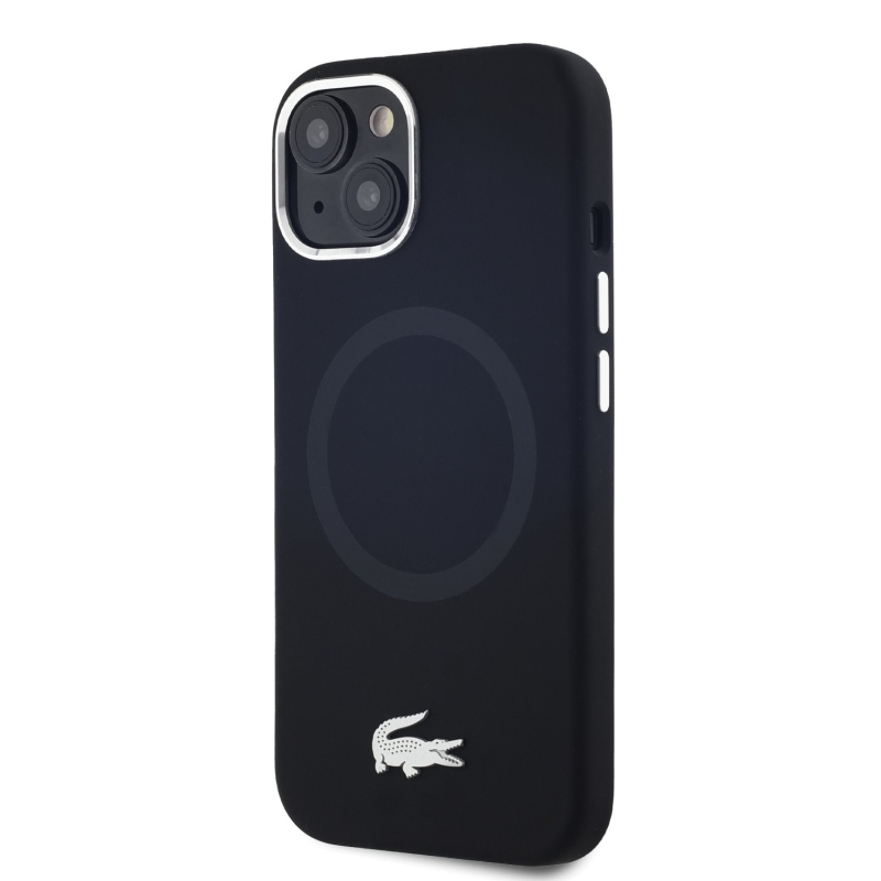 Lacoste Liquid Silicone Microfiber Silver Croc Logo MagSafe Zadný Kryt pre iPhone 15 Black