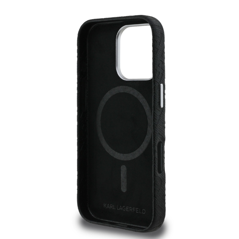 Karl Lagerfeld Grained PU Repeated Logo MagSafe Zadný Kryt pre iPhone 16 Pro Black
