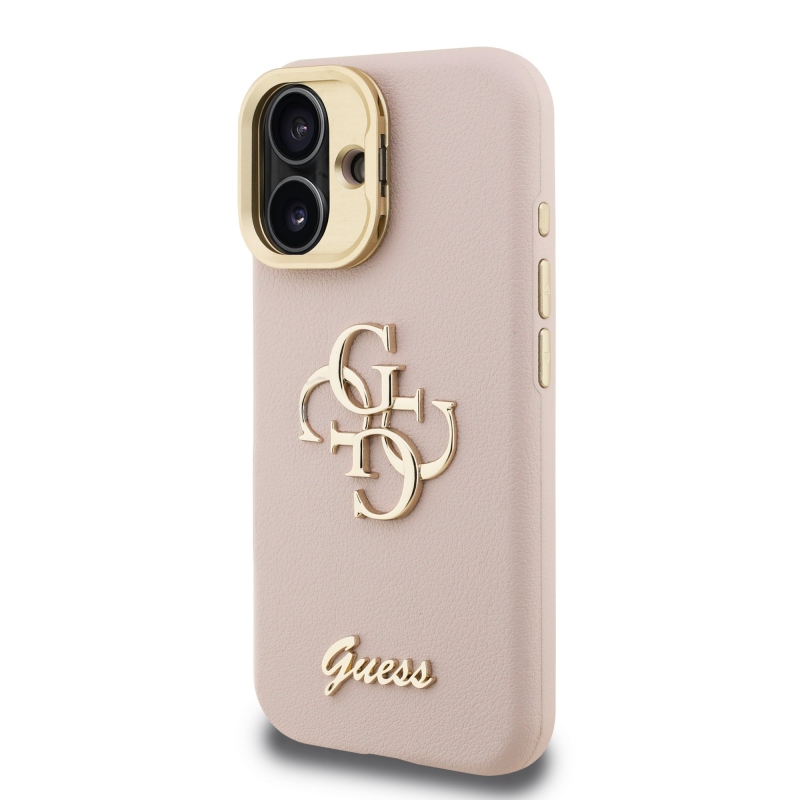 Guess PU Grained 4G Logo Stand Camera Frame Zadný Kryt pre iPhone 16 Pink