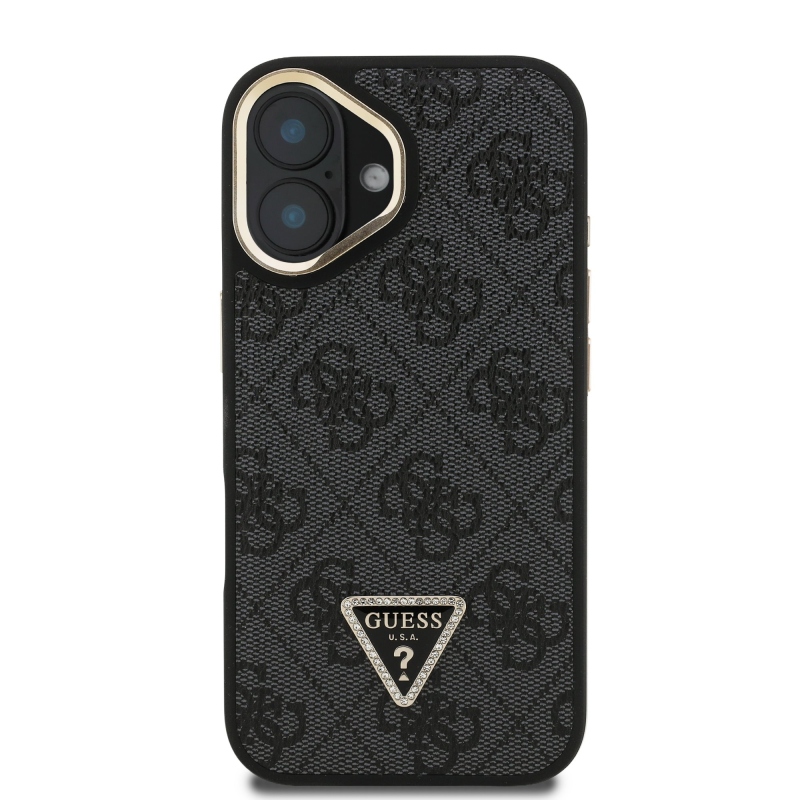 Guess PU 4G Strass Triangle Logo Stand Camera Frame MagSafe Zadný Kryt pre iPhone 16 Black
