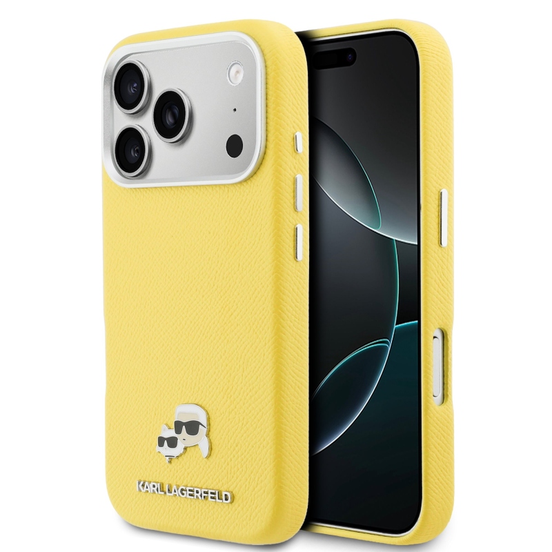 Karl Lagerfeld PU Karl and Choupette Heads Pins MagSafe zadný kryt pre iPhone 17 Pro Yellow