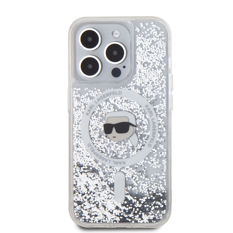 Karl Lagerfeld Liquid Glitter Karl Head MagSafe Zadný Kryt pre iPhone 15 Pro Transparent