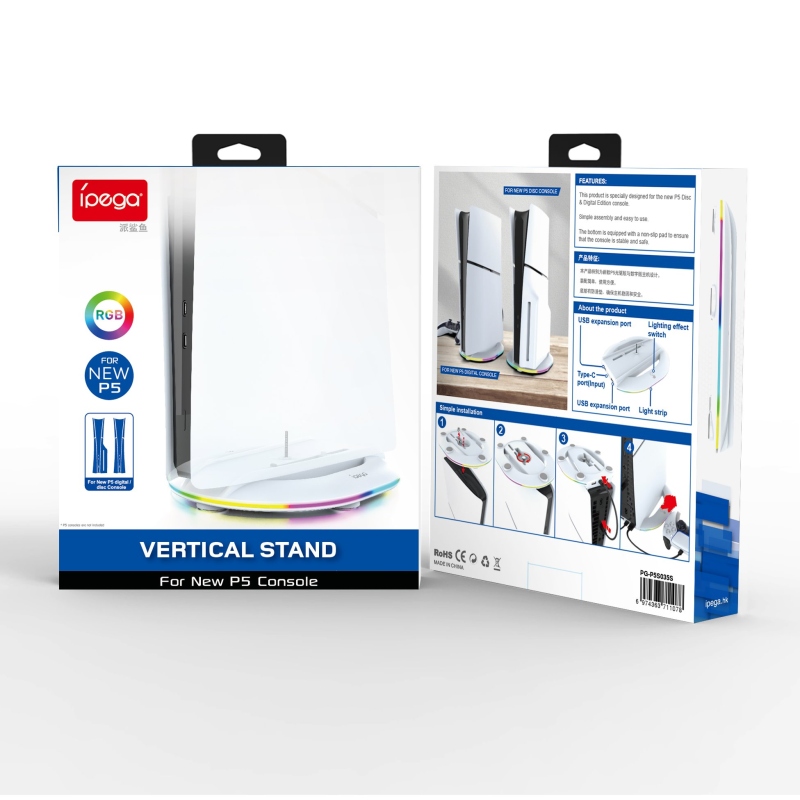 iPega P5S035SA Vertikálny Stojan (2xUSB-A) s RGB pre PS5 Slim/PS5 Pro White