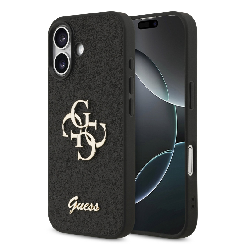 Guess PU pevný zadný kryt s kovovým logom 4G s trblietkami pre iPhone 17 Black