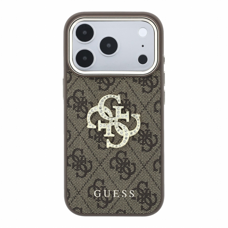 Guess PU 4G Strass Metal Logo zadný kryt pre iPhone 18 Pro, hnedý