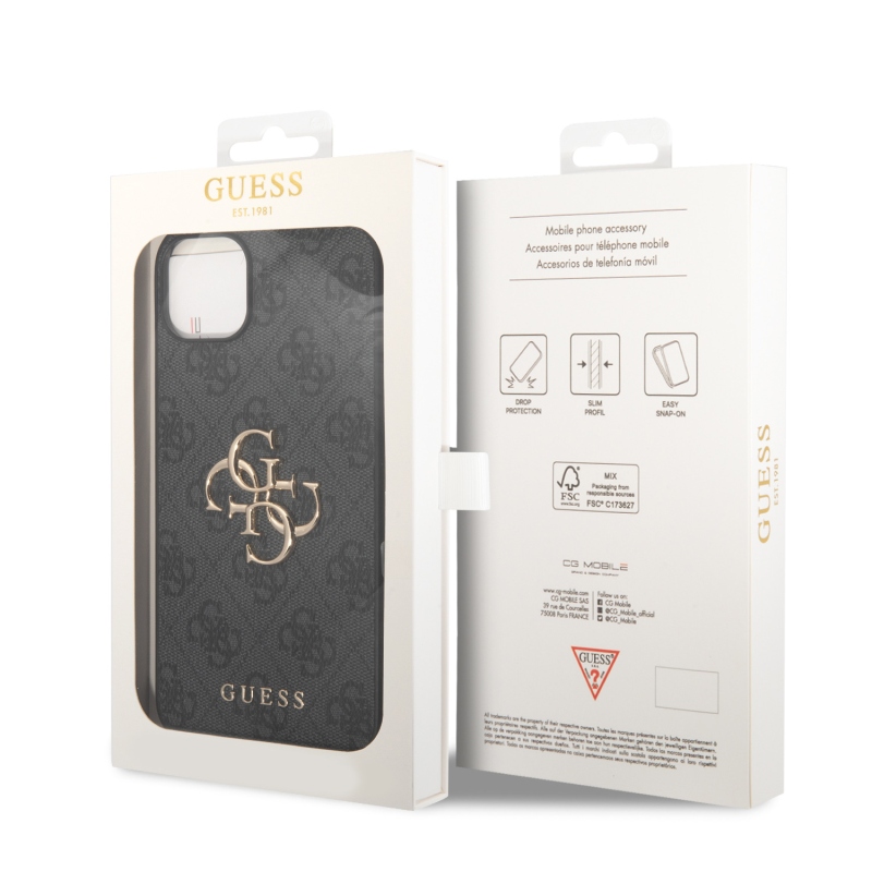 Guess PU 4G Metal Logo Zadný Kryt pre iPhone 15 Plus Grey