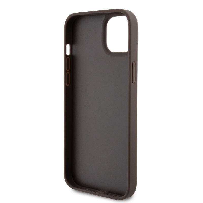 Guess PU 4G štrasový trojuholník s kovovým logom zadný kryt + popruh na nosenie na iPhone 15 Plus Brown