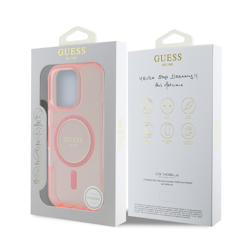 Guess IML Glitter Ring MagSafe Zadný Kryt pre iPhone 16 Pro Max Pink