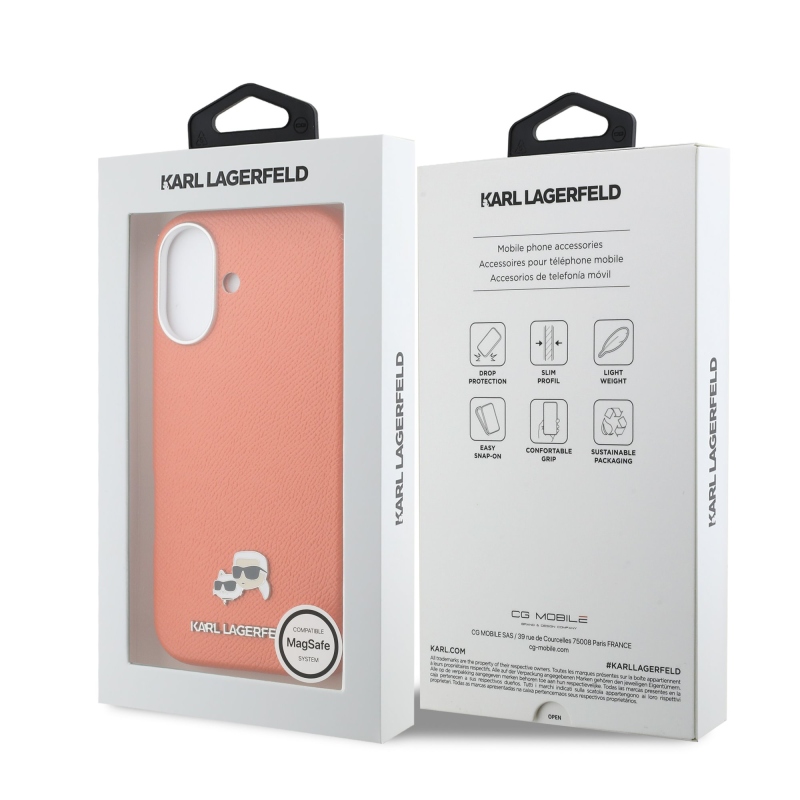 Karl Lagerfeld PU Karl and Choupette Heads Pins MagSafe Back Cover pre iPhone 17 Orange