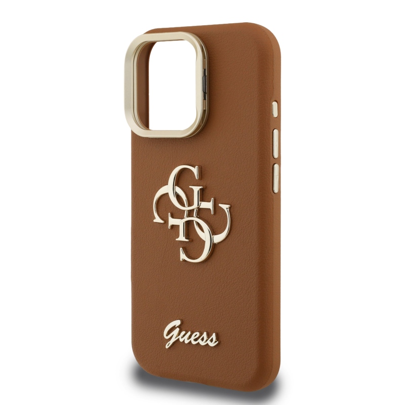Guess PU Grained 4G Logo Stand Camera Frame Zadný Kryt pre iPhone 16 Pro Max Brown