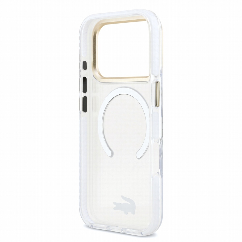 Lacoste IML Shockproof Petit Pique Gold Logo MagSafe zadný kryt pre iPhone 18 Pro, priehľadný