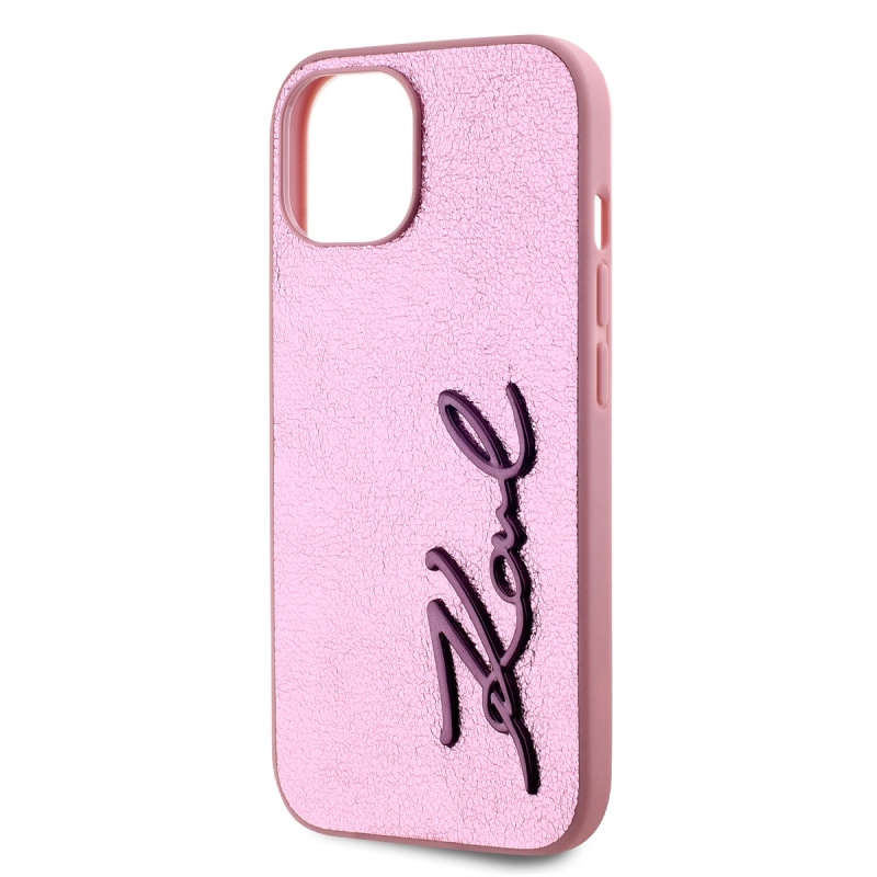 Karl Lagerfeld Wrinkled PU Signature Logo Zadný Kryt pre iPhone 15 Pink