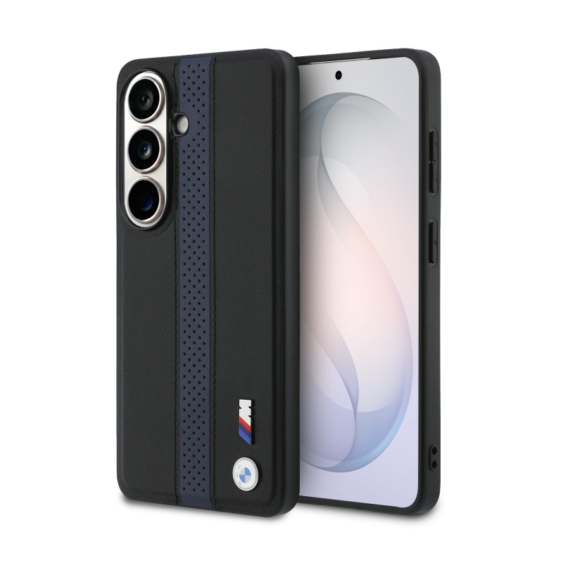 BMW M PU kožený perforovaný zadný kryt s pruhmi a kovovým logom pre Samsung Galaxy S26 Blue