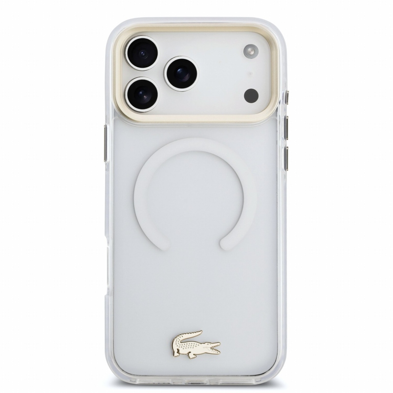 Lacoste IML Shockproof Petit Pique Gold Logo MagSafe zadný kryt pre iPhone 18 Pro Max, priehľadný