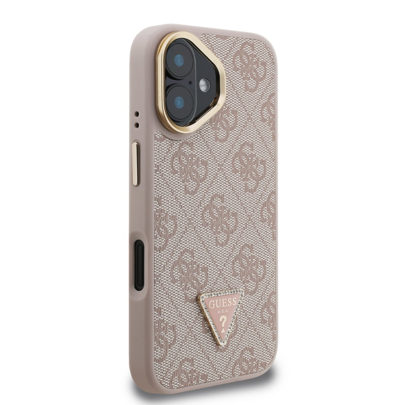 Guess PU 4G Strass Triangle Logo Stand Camera Frame MagSafe Zadný Kryt pre iPhone 16 Pink