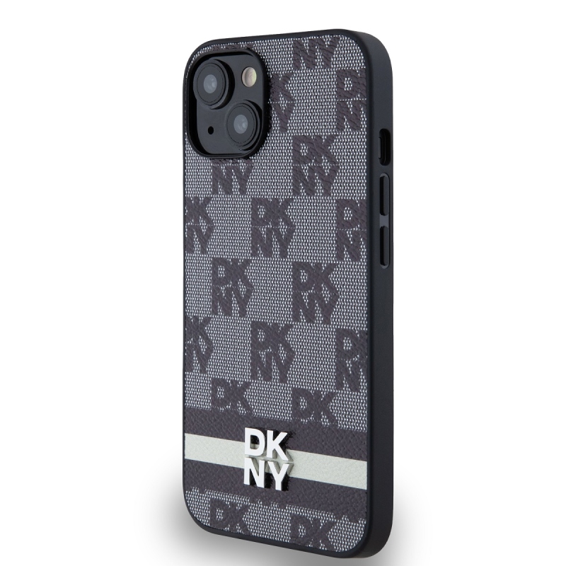 DKNY PU Leather Checkered Pattern and Stripe Zadný Kryt pre iPhone 14 Black