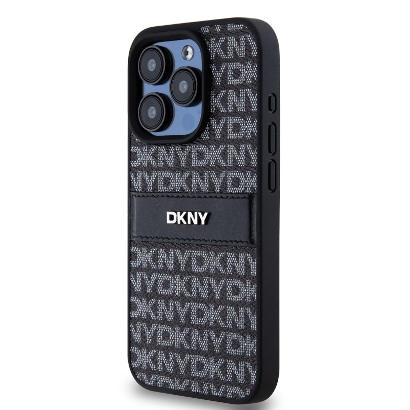 DKNY PU Leather Repeat Pattern Tonal Stripe Zadný Kryt pre iPhone 15 Pro Black