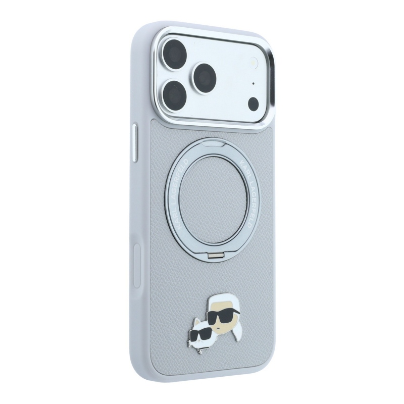 Karl Lagerfeld PU Grained K&CH Heads Ring Stand Magsafe zadný kryt pre iPhone 18 Pro Max, sivý