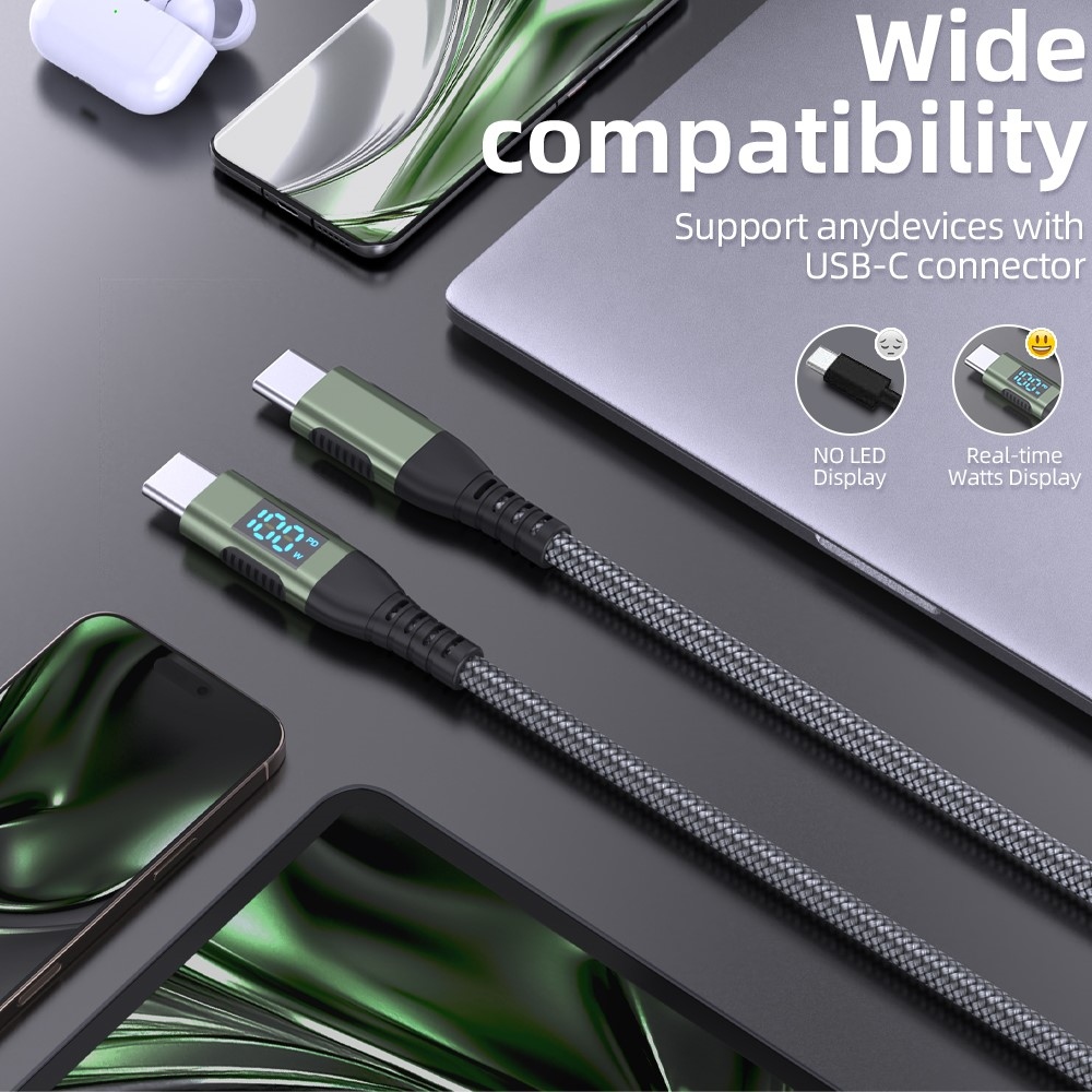 Nylonový kábel USB-C / USB-C s displejom 1m 100W - šedý