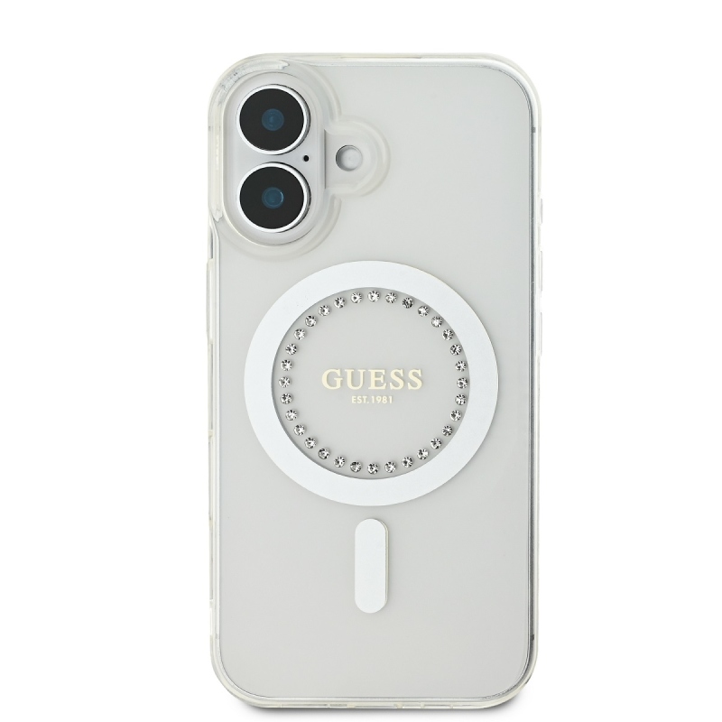 Guess IML Rhinestones Ring MagSafe Zadný Kryt pre iPhone 16 White