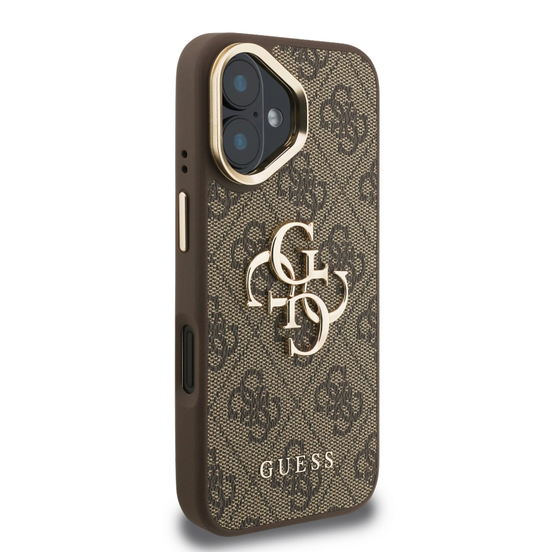 Guess PU 4G Metal Logo Stand Camera Frame Zadný Kryt pre iPhone 16 Brown