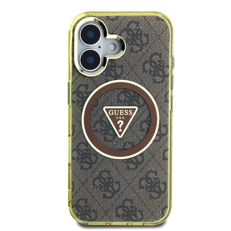 Guess IML 4G Glitter and Triangle Logo MagSafe zadný kryt pre iPhone 16 Brown