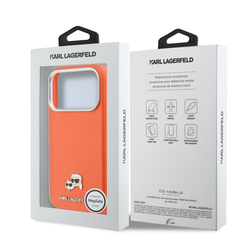 Karl Lagerfeld PU Karl and Choupette Heads Pins MagSafe Back Cover pre iPhone 17 Pro Orange