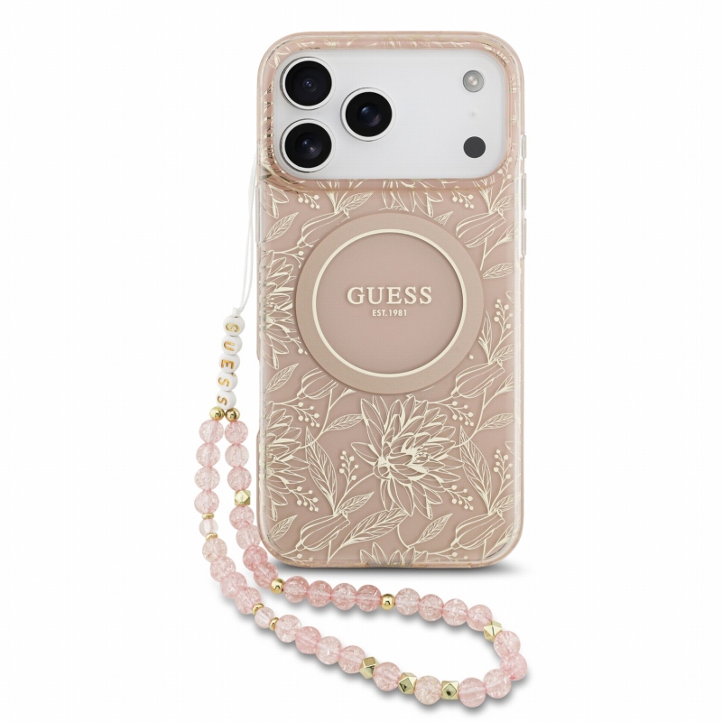 Guess IML Flowers Allover Strap MagSafe zadný kryt pre iPhone 18 Pro Max, ružový