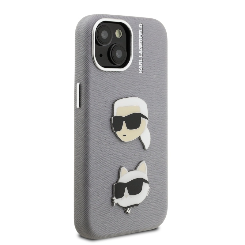 Karl Lagerfeld Grained PU K&CH Heads Zadný Kryt pre iPhone 15 Grey