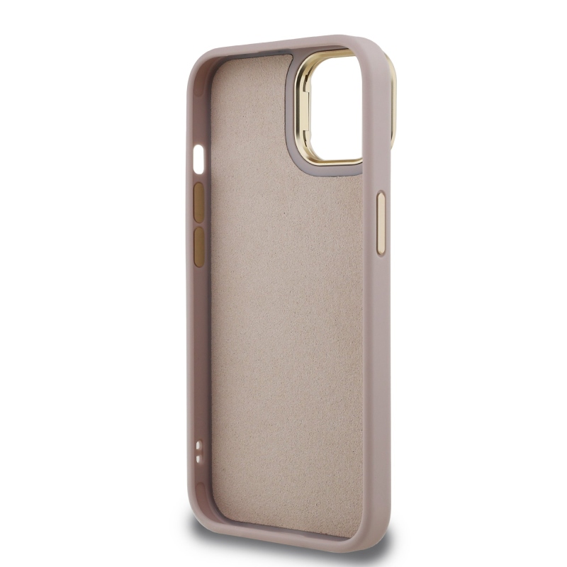 Guess PU 4G Metal Logo Stand Camera Frame Zadný Kryt pre iPhone 14 Pink
