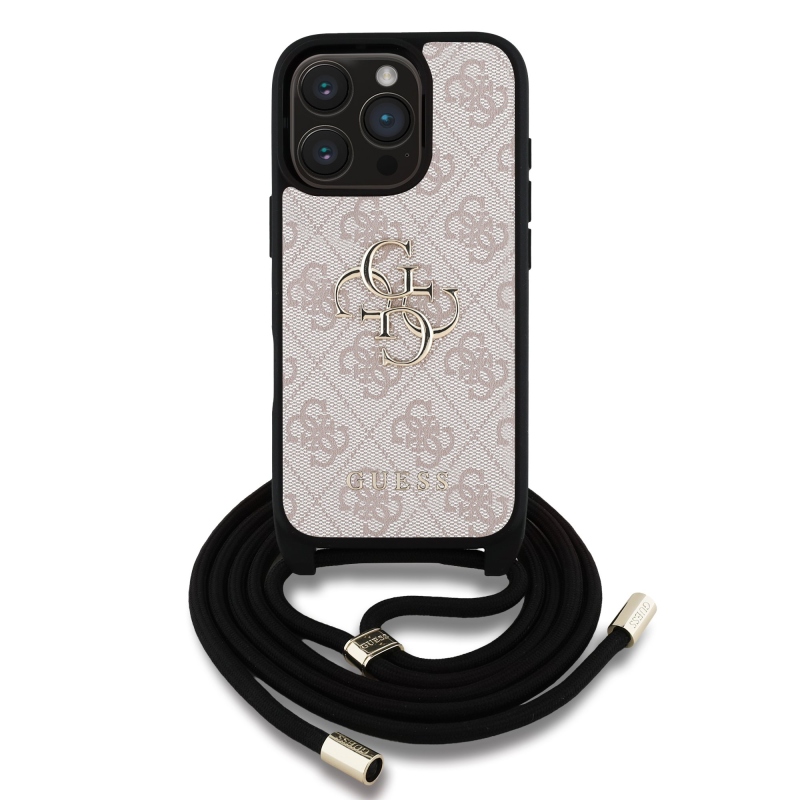 Guess PU 4G Metal Logo Crossbody Popruh Zadný Kryt pre iPhone 16 Pro Max Pink