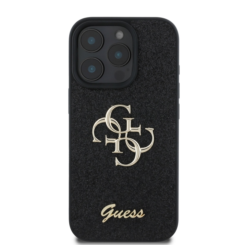 Guess PU Fixed Glitter 4G Metal Logo Zadný Kryt pre iPhone 16 Pro Black