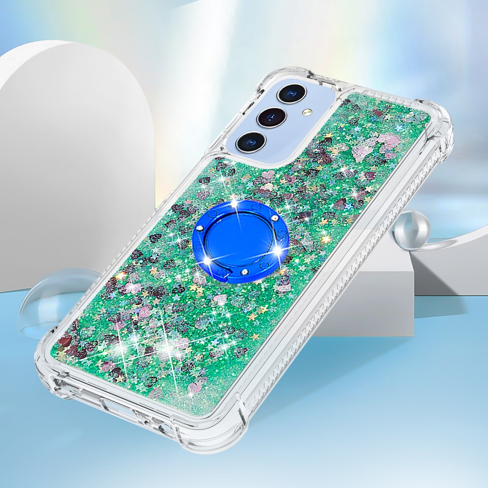 Glitt presýpací gélový obal s krúžkom na prst na Samsung Galaxy A17 5G - zelený/srdiečka