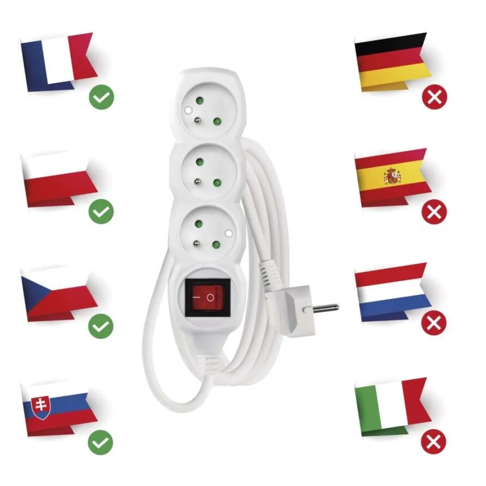 Predlžovací kábel 3 m / 3 zásuvky / s vypínačom / biely / PVC / 1 mm2