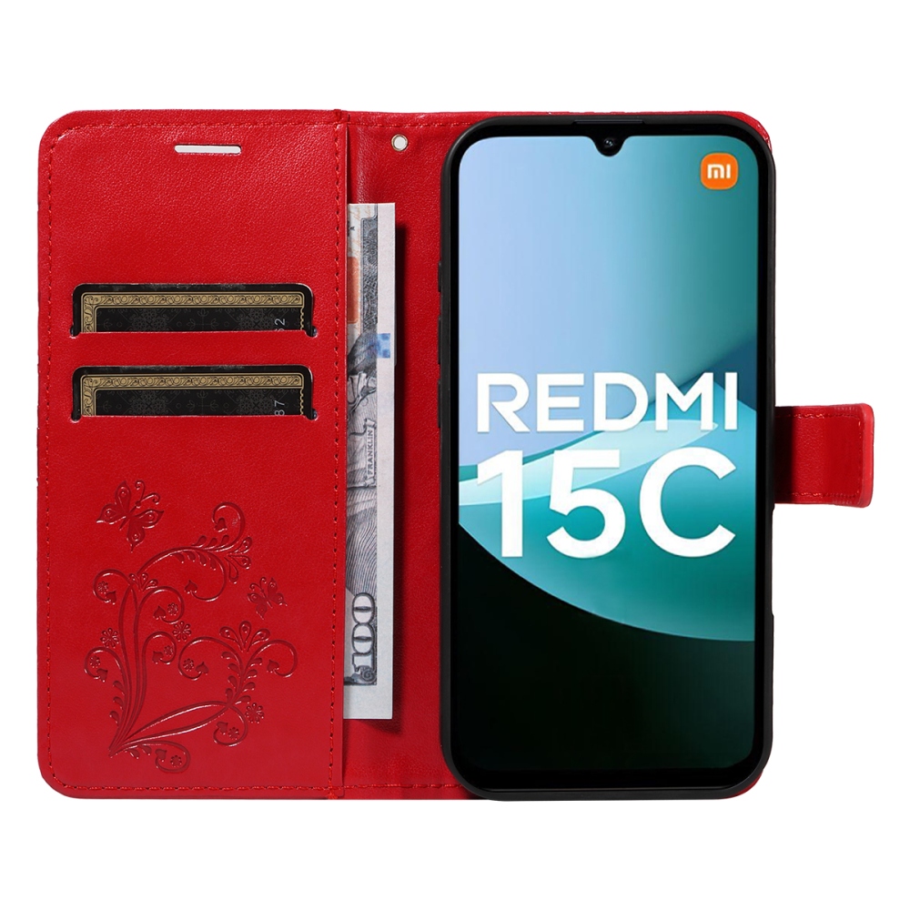 Big Butterfly knižkové púzdro na Xiaomi Redmi 15C 4G/5G (173mm) - červené