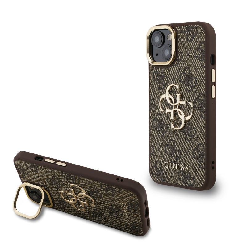 Guess PU 4G Metal Logo Stand Camera Frame Zadný Kryt pre iPhone 14 Brown