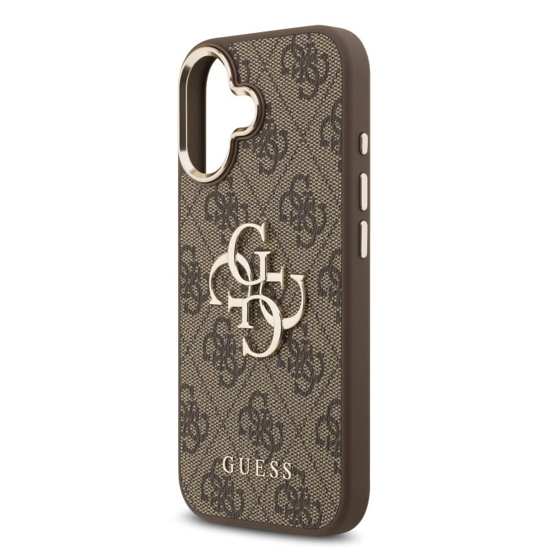 Guess PU kožený 4G kovové logo Gold Frame zadný kryt pre iPhone 17 Brown
