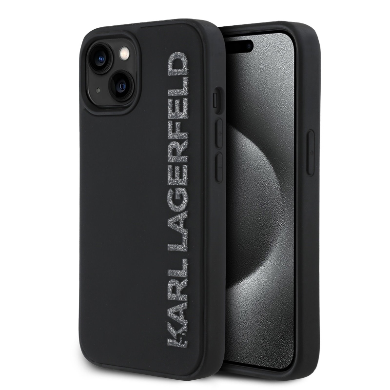 Karl Lagerfeld 3D gumový zadný kryt s trblietavým logom pre iPhone 14 Black