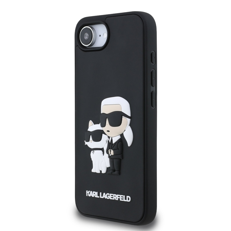 Karl Lagerfeld 3D gumový zadný kryt Karl and Choupette pre iPhone 16e Black