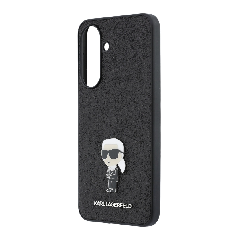 Karl Lagerfeld Pevný kovový zadný kryt Ikonik s trblietkami pre Samsung Galaxy A37 Black