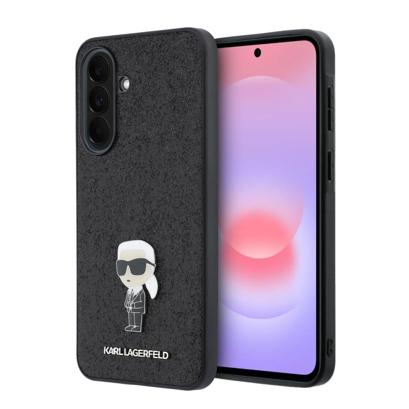 Karl Lagerfeld Pevný kovový zadný kryt Ikonik s trblietkami pre Samsung Galaxy A37 Black